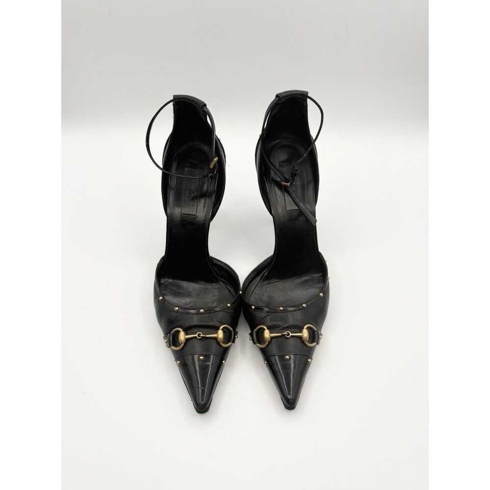 Gucci Black Leather Horsebit Studded Pointed Toe Ankle Strap Heels Size EU 38